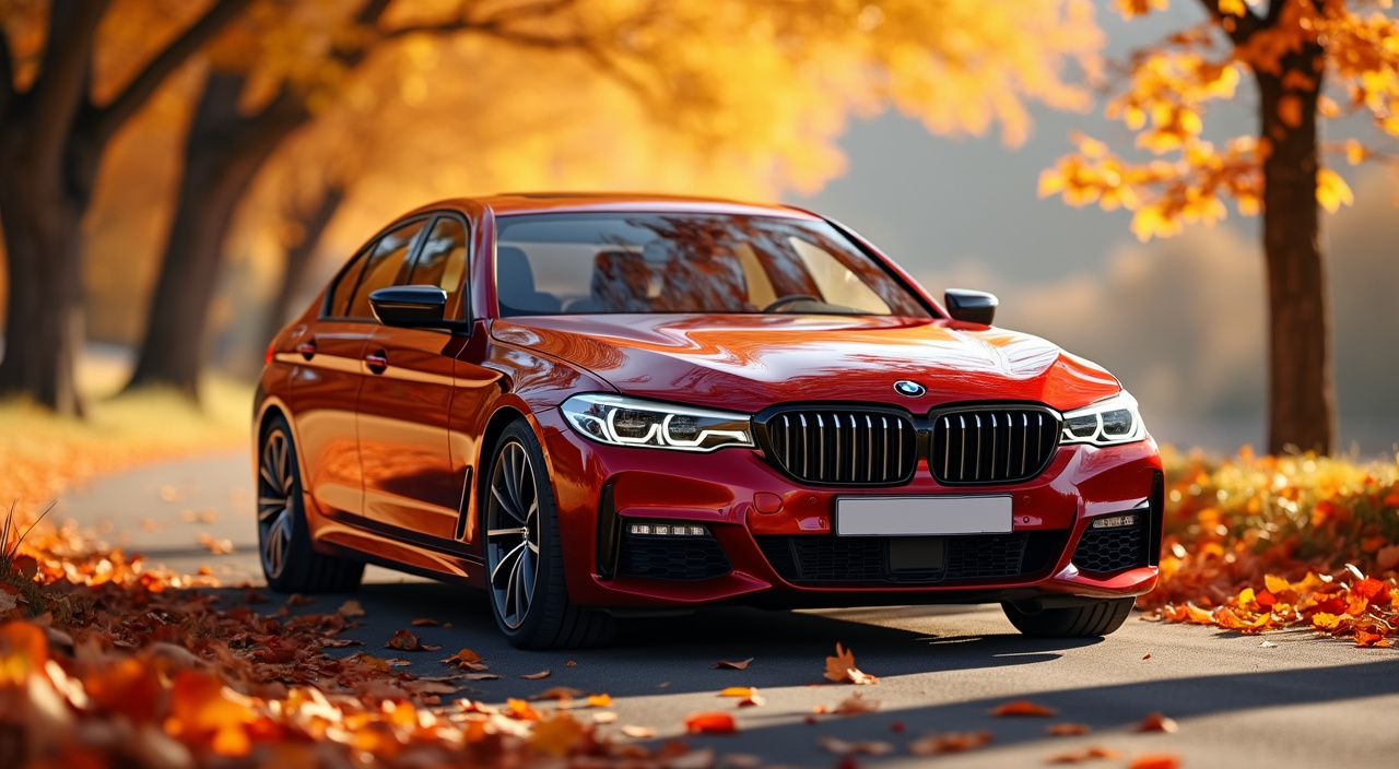 AI generated image by FLUX.1-pro: "Create a vivid and picturesque image of an elegant red BMW car that gracefully drives along a picturesque autumn road. The car should be the center of attention, with smooth lines and a modern design that reflects the sun's rays. The autumn landscape around should be saturated with a warm palette of colors: bright yellow, orange and red leaves falling from trees and forming a beautiful carpet on the road. The lighting should be soft and warm, creating an atmosphere of comfort and tranquility. Add details, such as a light wind lifting leaves from the road, and a light shine on the car body to emphasize its beauty and dynamism."