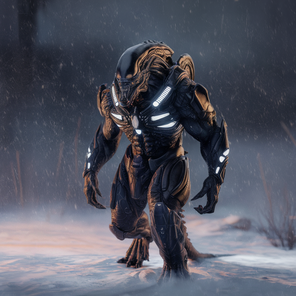 AI generated image by ideogram 2.0: A alien soldier monster , distant full body portrait in a landscape , wearing black  whit orange lights , during a snow storm,,,ice, cold, dark lighting, ,,, intricate details, depth of field, in a cold snowstorm, ,, outdoors, night,