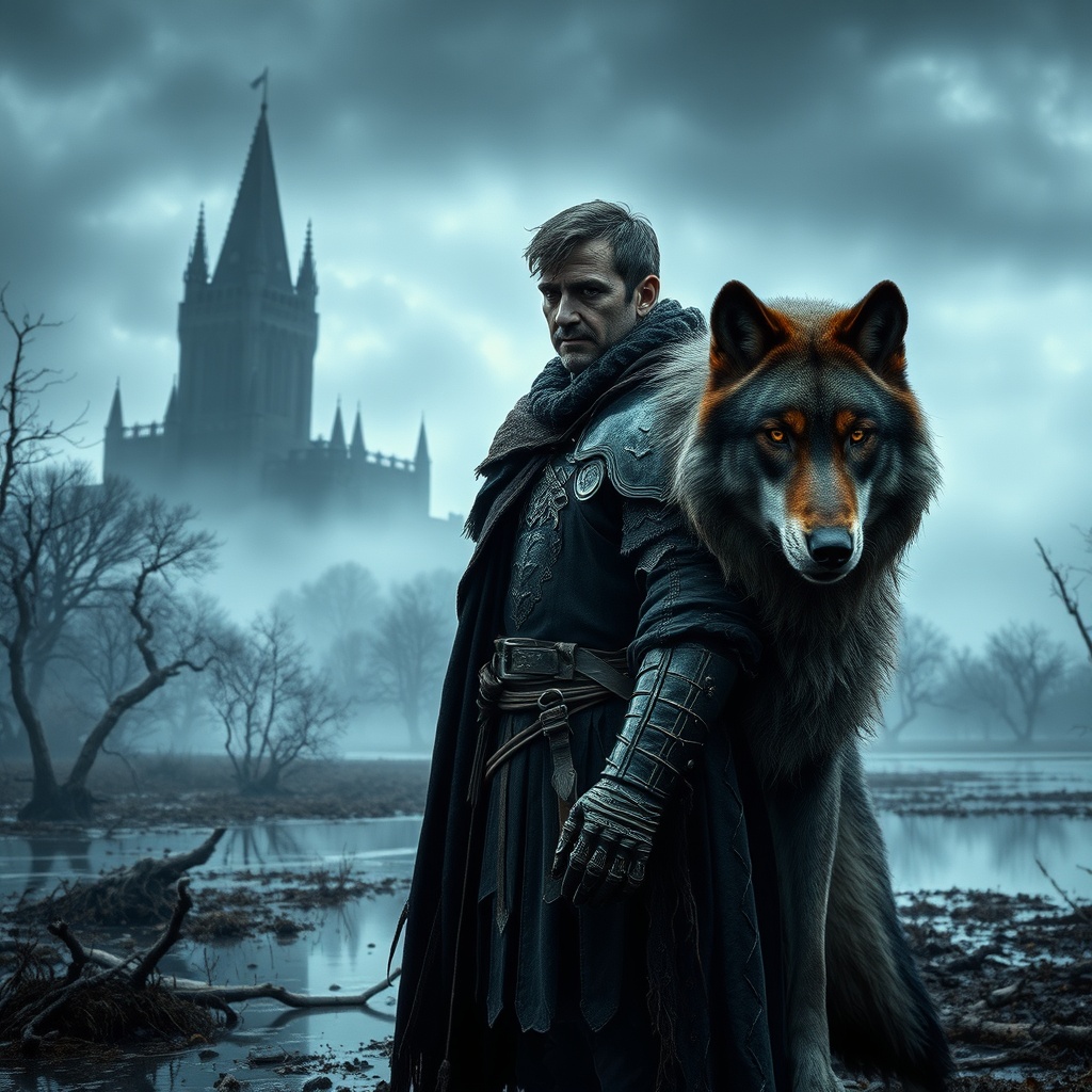 AI generated image by FLUX.1-schnell: "A dark, weathered knight clad in battle-worn blackened armor stands solemnly in an eerie marshland at dusk. His cloak, tattered and damp, billows in the cold, whispering wind. Beside him, a massive wolf with piercing amber eyes and a coat streaked with silver and shadow stands alert—fierce yet devoted, exuding loyalty and raw power. In the misty distance, a towering, ancient castle looms, half-shrouded in fog, its jagged spires silhouetted against a brooding overcast sky. The murky marsh reflects twisted trees and glimmers of fading light, casting an otherworldly glow across the hauntingly beautiful landscape." Use vivid colors and enhance the image with grain.