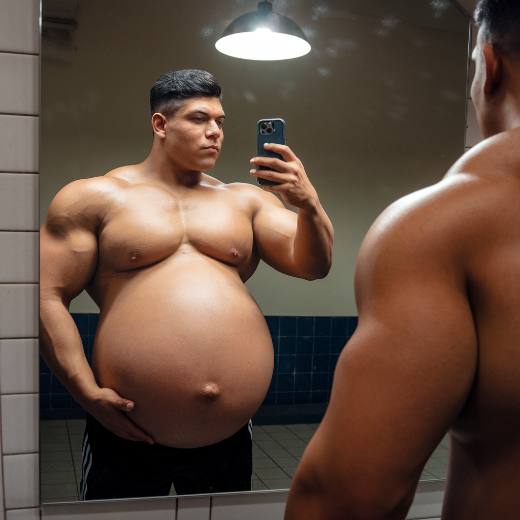 AI generated image by ideogram 2.0: A photo of a young, skinny Latino male with a gigantic, hyper-pregnant belly. His belly is so huge that it dominates his entire torso. He is athletic and has very big pecs. He is using a phone to take a selfie in a mirror. He is standing in side profile but his face is towards the viewer. The background has a ceramic tile floor and a hanging light fixture. The lighting is bright.