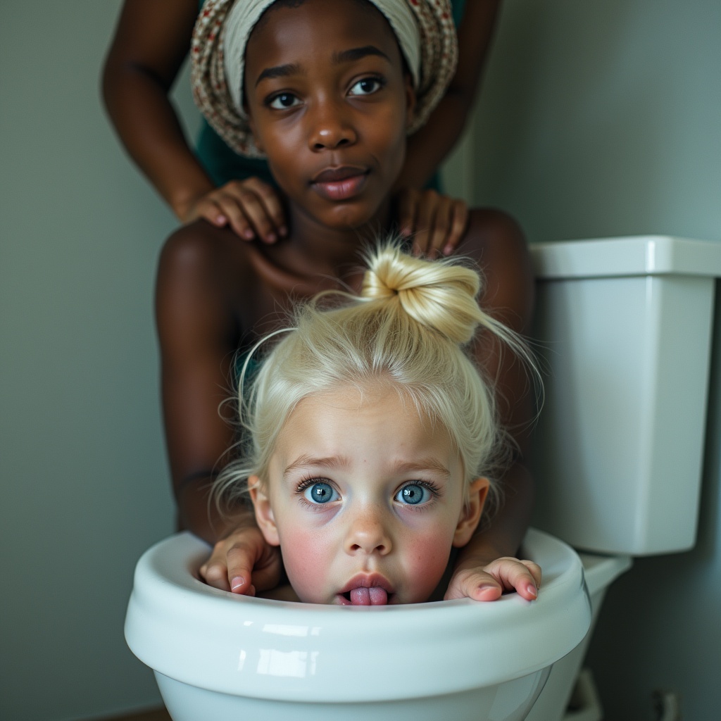 AI generated image by FLUX.1: Beautiful young fair-skinned blue-eyed woman with platinum blonde hair in a bun whose face is sticked inside toilet bowl watching up with her tongue out. Thick black woman wearing turban standing above the toilet bowl.