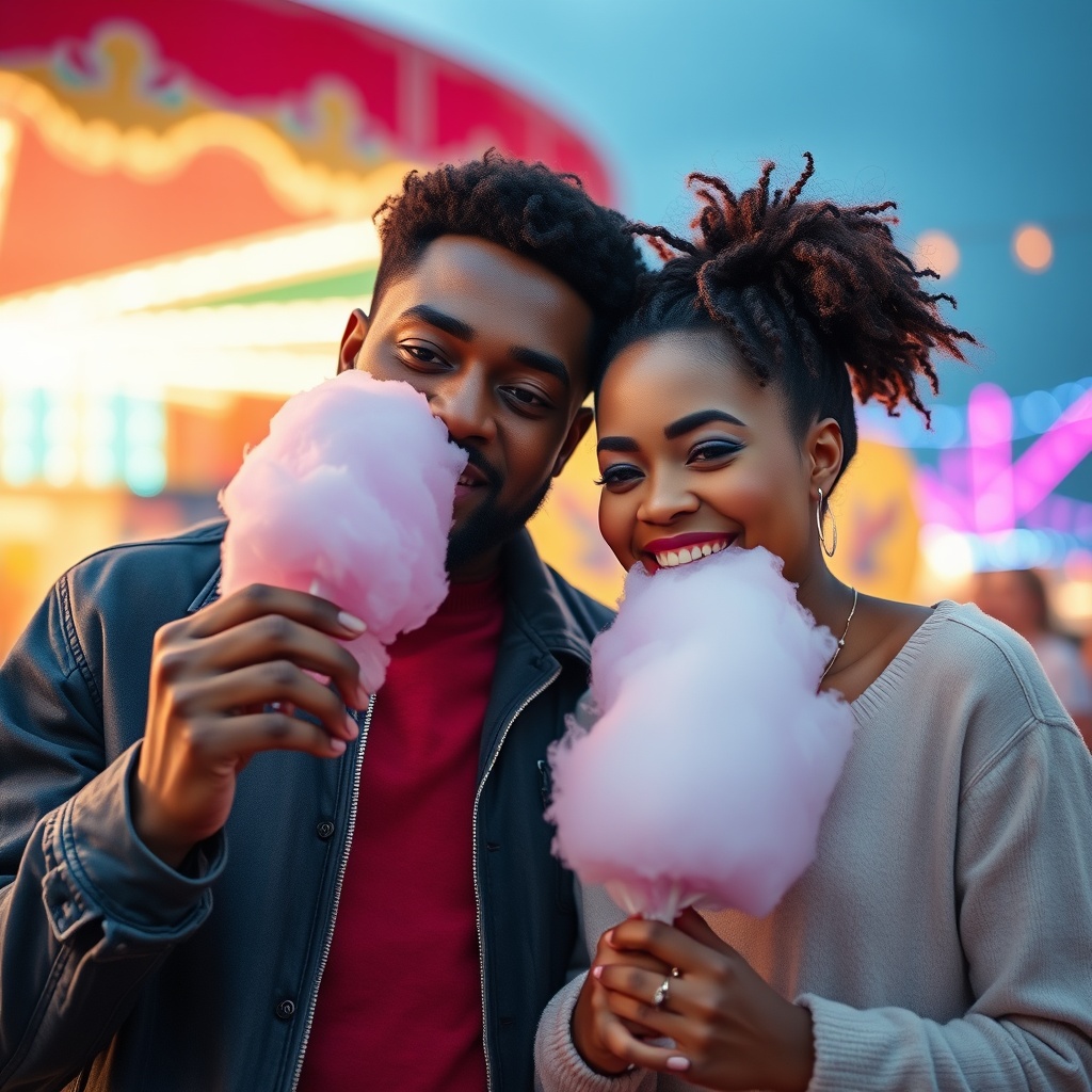 AI generated image by FLUX.1-schnell: Please create me a realistic looking picture of a happy looking couple with African roots. The couple is sharing a candy floss at a funfair. They are eating it together. This means that neither of their mouths can be seen. The colourful lights of the fairground are blurred in the bac.