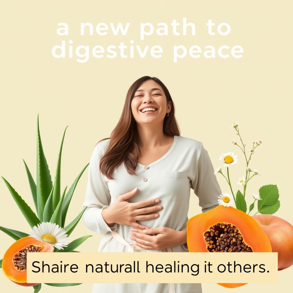 AI generated image by FLUX.1-schnell: “A calming and inspiring health banner showing a serene woman smiling while holding her stomach gently, surrounded by natural healing elements like aloe vera, chamomile, and papaya. Soft green and beige tones. Text space that reads: ‘A new path to digestive peace. Share natural healing with others.’ – clean, minimalist, uplifting style”