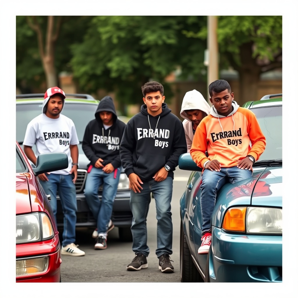 AI generated image by FLUX.1-schnell: Create an image of 4 or 5 young Christian, Hispanic gang members, working on some cars. Dress them in typical gang clothing, with different colors and style, with the name "Errand Boys" on it.