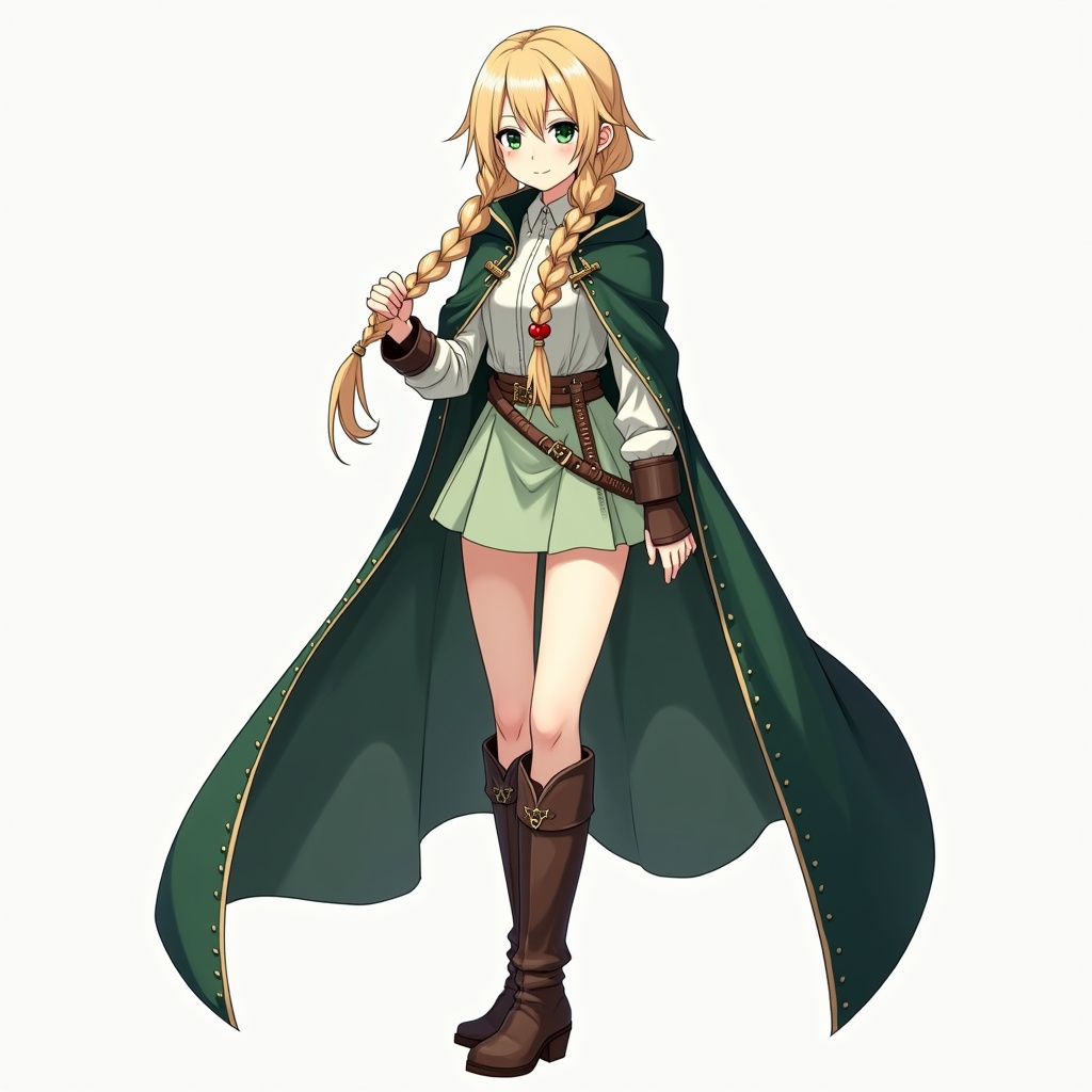 AI generated image by FLUX.1: blonde woman, braid hair, anime art style, light green miniskirt, short dark green cloak, long boots under the knees, perfect anatomy, sexy, full body, white shirt, medieval attire, manga, ((anime)), full body, her figure more alike perfect anatomy for woman, and depict her now in the art style of Persona 5 Royal game, visual novel sprite, random emotion, no background, green eyes