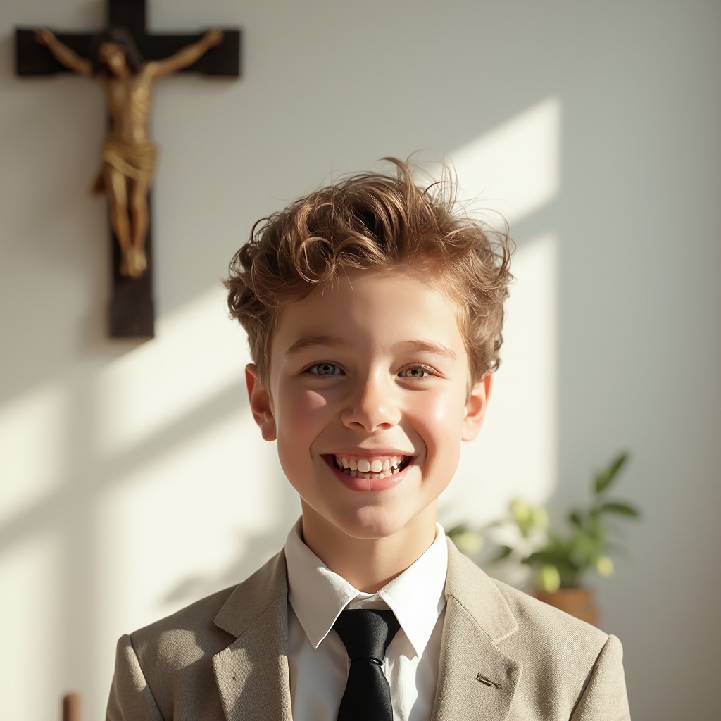 AI generated image by FLUX-Realism-Lora: The image features a carefully composed portrait of a young boy, situated in a well-lit indoor setting. The overall atmosphere of the image conveys a sense of peace, light and simplicity, with a strong appeal to naturalness and subtle spirituality. The framing is frontal, with the boy positioned slightly to the left of the center of the scene, creating an interesting balance with the elements in the background.

The boy
The focal point of the image is the young man, who appears to be between 10 and 14 years old. He displays an open, genuine smile, with white, well-aligned teeth, which contributes to the feeling of genuine joy. His skin is fair with a slight tan, and there is a subtle glow caused by the ambient white lighting that highlights areas such as the forehead, nose and cheekbones. The texture of the skin is extremely realistic, with pores and subtle imperfections that reinforce the natural character of the image.

His hair is light brown, with golden hues. The hairstyle is modern and slightly messy, with strands deliberately tousled on top, giving the boy a casual, contemporary look. The hair has volume and movement, with strands sticking up and to the sides, as if it were slightly tousled after natural movement.

The boy is wearing a luxurious fine linen suit, a white shirt and a handsome black tie. The fabric drapes lightly over the shoulders and has small folds that contribute to the realism of the scene.

Background and environment
Behind the boy is a wall painted in a light tone, probably a very soft white, which helps to reflect the ambient light and maintain a light atmosphere. This wall has a fine, subtle texture, especially visible in the areas where light and shadow meet. The shadows from the elements in the room form soft diagonal stripes across the wall, creating a geometric pattern that adds depth to the scene.

To the left of the boy is a wall crucifix hanging vertically. The crucifix is ​​traditional, with the figure of Jesus Christ centered and with open arms. The cross is made of wood or a material that simulates dark wood, with gold details that refer to a classic Catholic style. The figure of Christ is golden and shiny, standing out against the neutral wall. The shadow of the crucifix is ​​projected to the right, reinforcing the direction of the light source.

This religious presence adds a symbolic layer to the image. It may suggest that the environment belongs to a family of Christian or Catholic faith, or that the boy is in a moment of reflection or spiritual peace. The image thus conveys not only technical realism, but also a visual narrative with implicit meanings.

To the right of the scene, we see a light wooden window with several checkered panes. The space is brightly illuminated by artificial ambient light—clear, white, and evenly distributed—without any interference from sunlight. This artificial lighting ensures consistent and uniform shadows throughout the room, with soft transitions and no harsh contrasts.

Next to the window, there is a small dark wooden table or stool with three legs, in a modern and minimalist style. On it, there is a small, simple and plain white vase, containing a plant with vibrant green leaves. The plant is healthy, with rounded leaves that are slightly turned toward the brighter part of the room, which gives it a more natural look and reinforces the attention to detail in the composition. Next to the vase, there is a small white plate, probably decorative or part of a functional set.

Composition and lighting
The composition is essentially symmetrical, but not rigid—balance is achieved through clever placement of elements. The boy occupies the center, while the crucifix balances the left side and the window, plant, and ambient light balance the right side. The neutral background helps to highlight both the face and the objects without generating visual noise.

The lighting is soft and uniform, coming from above and the side, provided by bright, white ambient indoor lighting. This creates well-defined but subtle shadows that give depth without distraction. The artificial light that hits the boy's face is perfect for a portrait—soft enough not to cause excessive glare, but intense enough to reveal facial textures and volumes.

Technical realism
The image is highly realistic in every sense: textures, lighting, proportions, and even subtle imperfections that contribute to authenticity. The shadows and the way the light interacts with the skin, hair and objects in the background demonstrate a level of detail that makes the image look like a real photograph. The depth of field is slightly blurred in the background, which helps to keep the boy's face as the center of attention. The edges of the elements in the background are soft, without artificial contours.

Emotional and symbolic interpretation
In addition to its visual appeal, the image carries a symbolic charge: the boy's genuine smile, combined with the presence of the cross and the soft white ambient light that surrounds him, conveys an idea of ​​purity, peace and spirituality. It can be interpreted as a representation of innocence, faith or even the harmony between childhood and belief. The atmosphere is cozy and intimate, almost like a scene from a quiet morning in a family home.

A confident boy with a kind smile, looking directly at the camera, talking casually. Realistic skin texture with visible pores and freckles. Slight skin imperfections. Hair with natural flyaways and realistic shadows. Soft ambient white indoor lighting creating soft highlights and subtle shadows on the face. Background slightly blurred, showing a textured wall and a golden cross with slight wear. Captured with a Sony A7 IV and 35mm f/1.8 lens. Shallow depth of field, photorealistic, soft focus, documentary-style, candid atmosphere. --style raw --profile