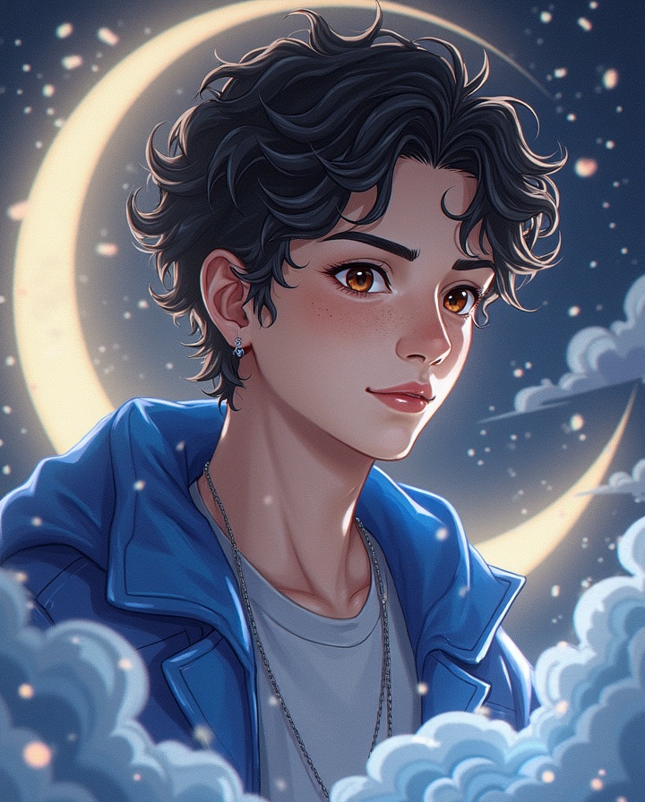 AI generated image by FLUX.1-image-to-image: Agent "MoonHype" is a 21-year-old male VALORANT agent with wavy black hair and brown eyes. Known as the Moon God, he possesses extraordinary abilities including the 'Dimensional Eye' to perceive other dimensions, the 'Chrono-Clock' to manipulate and traverse time, the 'Interdimensional Gateway' to travel between realities, and the power of 'Creator Cloning'.