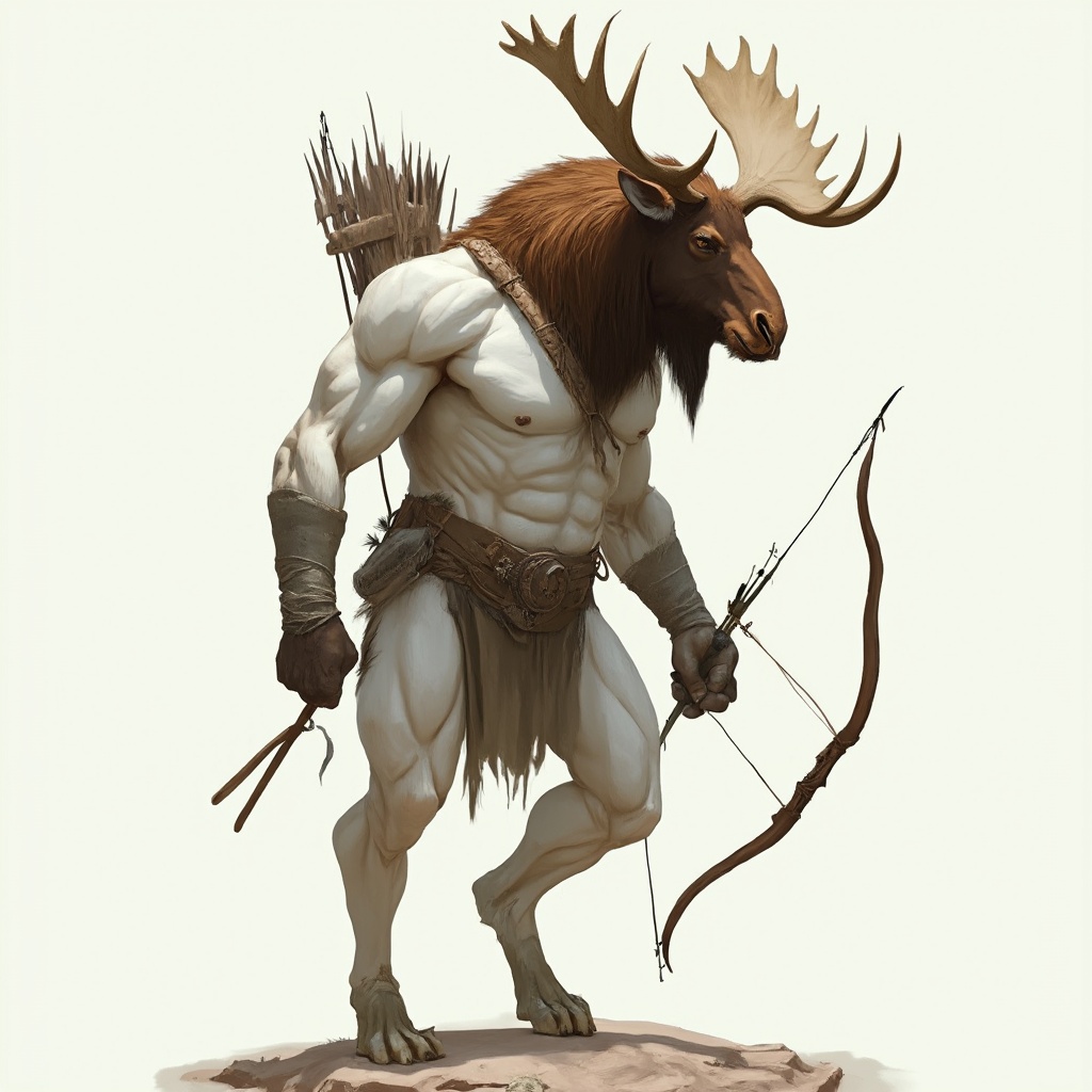 AI generated image by FLUX-Realism-Lora: A very tall, muscular, white-skinned humanoid being with the head of a moose, legs of a goat, a bow on his back, and a quiver. His head is brown