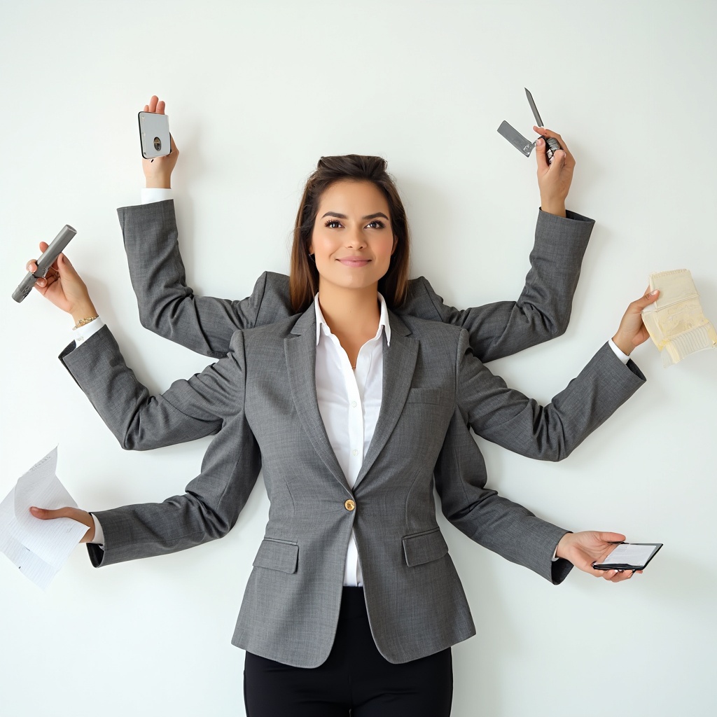 AI generated image by FLUX-Realism-Lora: A confident, intelligent woman looks directly into the camera with a warm yet slightly skeptical expression. She stands against a clean background. Multiple extra arms extend from her sides like a Swiss Army knife – each holding different tools symbolizing business strategy, tech, HR, and process design (e.g. a laptop, a gear, a notepad, a magnifying glass). Her body language is open, composed, and grounded. The visual should blend realism with a touch of metaphor, expressing competence, strategic clarity, and human warmth.