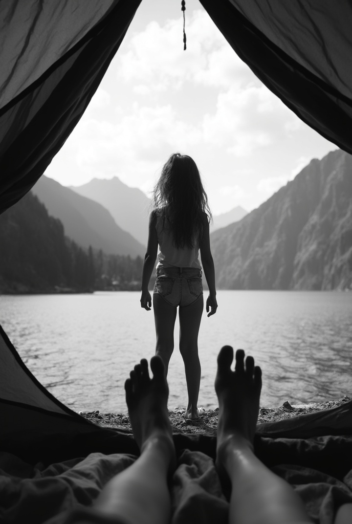 AI generated image by FLUX-Realism-Lora: A black-and-white photograph from inside a tourist tent, showing bare feet in the foreground. In the midground, the silhouette of a girl is standing with her back to the viewer, wearing denim shorts. Her legs are shoulder-width apart. It's daytime, with a natural scene of mountains and a lake in the background

