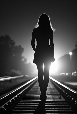 AI generated image by FLUX.1-image-to-image: A black-and-white central compositioned closeup photo at night. The silhouette of a woman's wide spreaded legs stands with her back to the camera on railroad tracks, facing the background. A spotlight from the background shines between her legs. dramatic backlit lighting