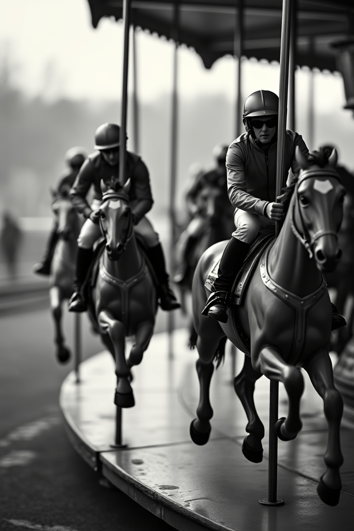 AI generated image by FLUX.1-pro: A closeup black and white photo of jockeys riding carousel. The race contest is very intense and dramatic. Depth of field. Motion blur. Backlight 