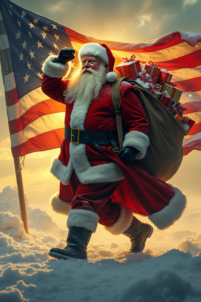 AI generated image by FLUX.1-pro: A majestic, mythical Santa Claus figure, bearing a striking resemblance to Donald Trump, confidently strides through a stormy, snowy field, his posture strong and resolute. He dons a radiant santa hat and a thick, golden-highlighted beard. A golden light, piercing through the storm clouds with a silver lining effect, illuminates the scene, casting a warm, inviting glow on the American flag he carries. The flag, large and waving, elegantly drapes most of the background. A large bag full of beautifully wrapped Christmas presents hangs over his shoulder, emanating confidence, strength, hope, and light. With one raised, powerful fist pumping in the air, he walks purposefully towards the left edge of the picture while the flag billows behind him, blowing towards the right, covering three-quarters of the background making the flag the prominent theme. The golden light highlights the flag and the yellowish highlights in the Trump Santa figure's beard, creating a spirit of Christmas in an American flag winter setting