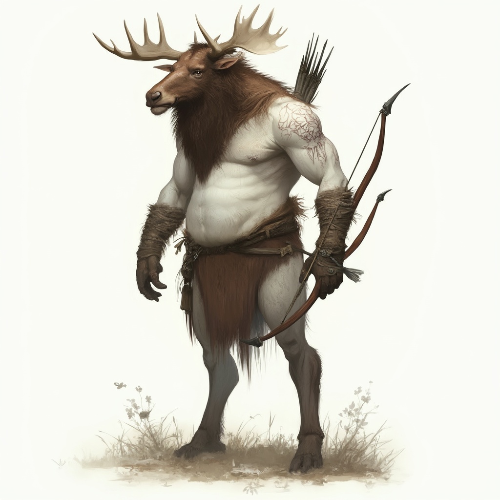 AI generated image by FLUX-Realism-Lora: A very tall, muscular, white-skinned humanoid being with the head of a moose, legs of a goat, a bow on his back, and a quiver. His head is brown