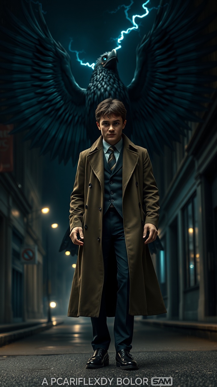 AI generated image by FLUX.1-schnell: A powerful cinematic shot of Harry Potter, wearing a long trench coat and a suit, with a majestic and menacing thunderbird behind him. The scene is set on a dark, rainy London street at night, with streetlights glowing and hints of magic. Moody, dramatic lighting. A luxury reimagining of the Harry Potter universe. High-quality, ultra-realistic, cinematic.

Harry Potter as a mafia boss. He is standing in a dark alley at night. He is wearing a long, stylish trench coat over a suit. An enormous, powerful, and intimidating dark eagle-like bird with glowing eyes and lightning is standing behind him like a guardian. Dramatic lighting, cinematic, film grain.

A full-body portrait of Harry Potter in a sleek, modern suit and a long coat. He is a powerful figure, standing in a dark, atmospheric city street. Behind him is a large, mystical creature resembling a griffin or phoenix, with feathers that look like dark metal, and glowing blue lightning arcs around it. The style is a mix of high-fashion and fantasy, cinematic.