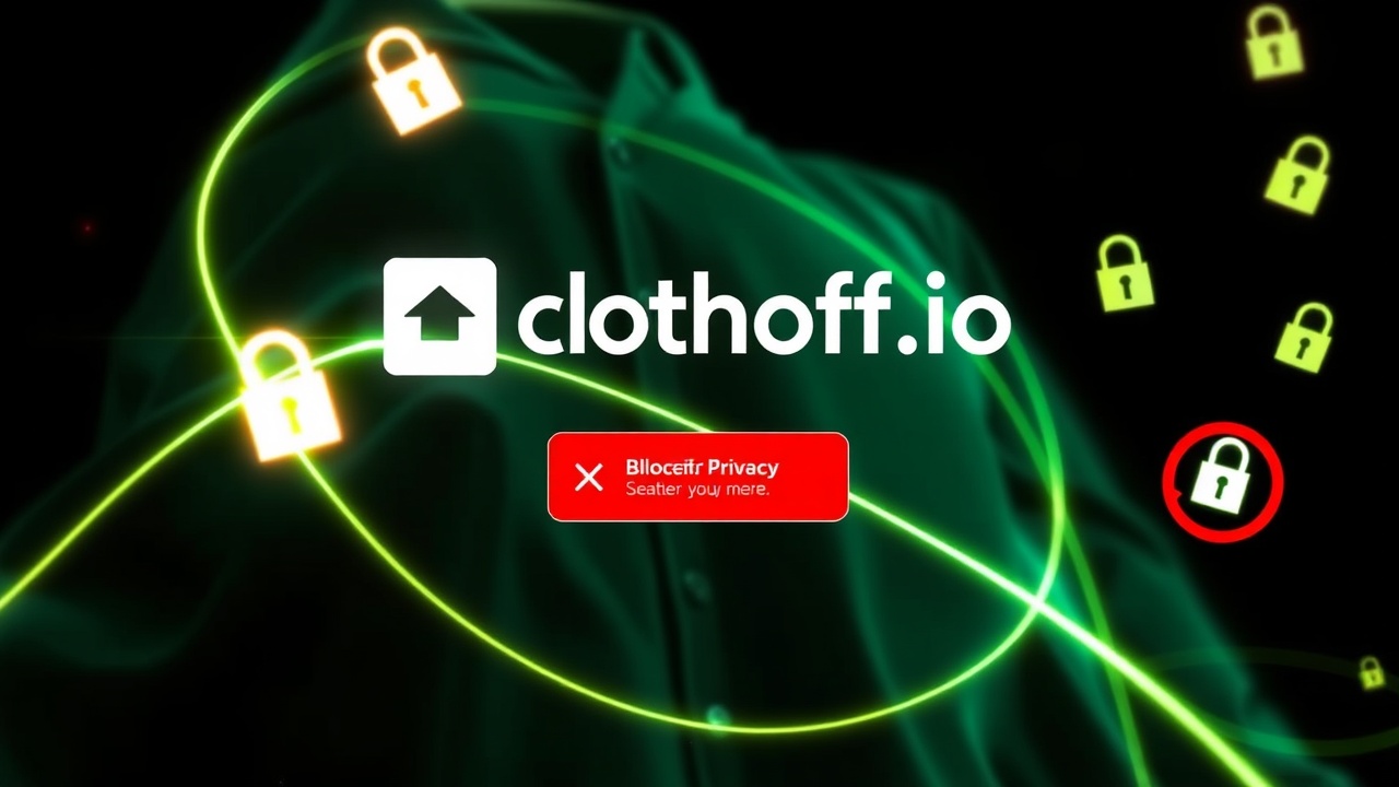 AI generated image by FLUX.1-schnell: "A modern web and mobile app interface titled 'Clothoff.io', glowing segmentation lines around clothes in an abstract photo, data privacy locks and warning icons floating, Iranian firewall and block symbols represented visually.