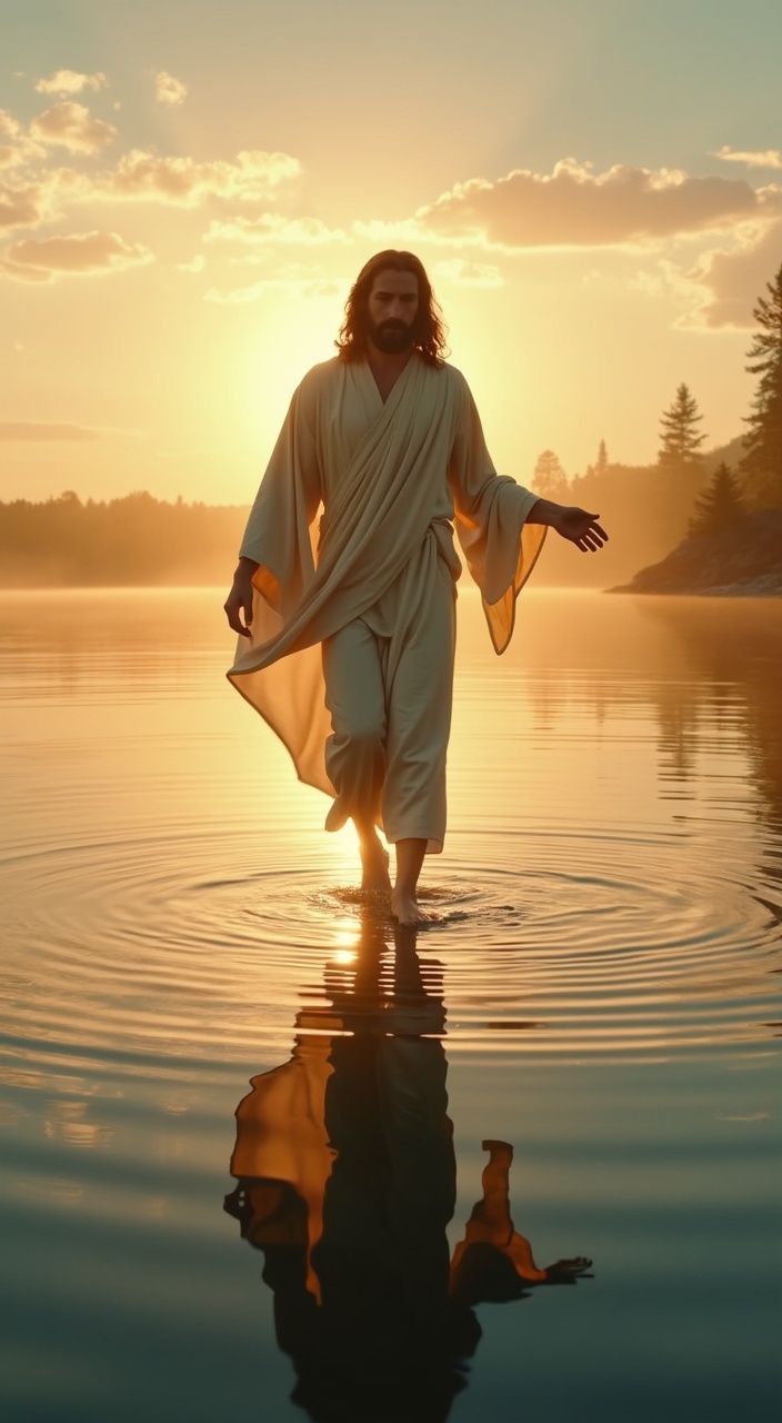 AI generated image by FLUX.1-pro: Create a 9:16 video depicting Jesus walking gracefully on the surface of a serene lake during the golden hour. His entire figure is visible, with soft, flowing robes that catch the light in warm shades of cream and gold, gently moving with the breeze. His feet touch the water delicately, creating subtle ripples that spread outward in perfect circles, enhancing the stillness of the scene. The surrounding water reflects the warm hues of the sunset, blending deep blues with shimmering golden highlights. The sky above transitions from soft orange to faint pink, with light clouds scattered across the horizon, casting faint reflections on the water. The atmosphere is peaceful, reverent, and awe-inspiring, capturing the divine moment with vivid detail. The focus should emphasize the harmony between Jesus' motion and the natural beauty around him, creating a sense of calm wonder and spiritual significance.