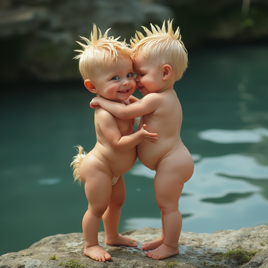 AI generated image by FLUX-Realism-Lora: full body shot of 2 pretty  13 year old blushing naked Indonesian  boys with soaking wet faux hawk hair with blonde highlights, plump juicy kissy lips, big wide stunning neon blue eyes and tiny nose and high cheekbones, cuddling standing on a rock in the river, curvy perky bum