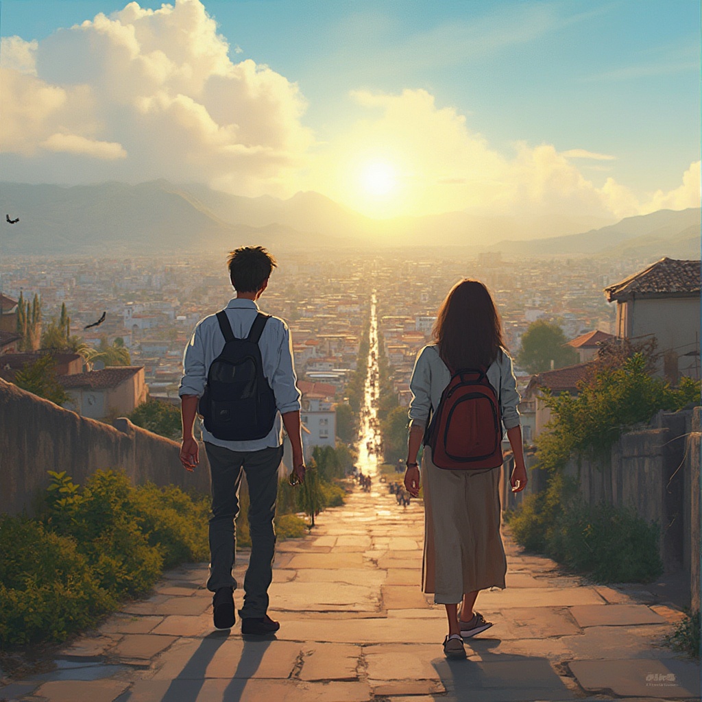 AI generated image by FLUX-Realism-Lora: 1. Plano general de Quito al amanecer desde el mirador de Guápulo. Título: "Cumandá: Amor en Quito".
2. Carlos, joven blanco de clase alta, cabello peinado, gafas de diseñador, caminando por Cumbayá con su mochila de universidad privada.
3. Cumandá, joven morena, pelo rizado, vestida con ropa alternativa, saliendo de su casa en el barrio de San Roque, saludando a su madre.
4. Carlos con amigos en la universidad, hablando de ir a un concierto en el parque Bicentenario. Estilo de comic con separación de viñetas
