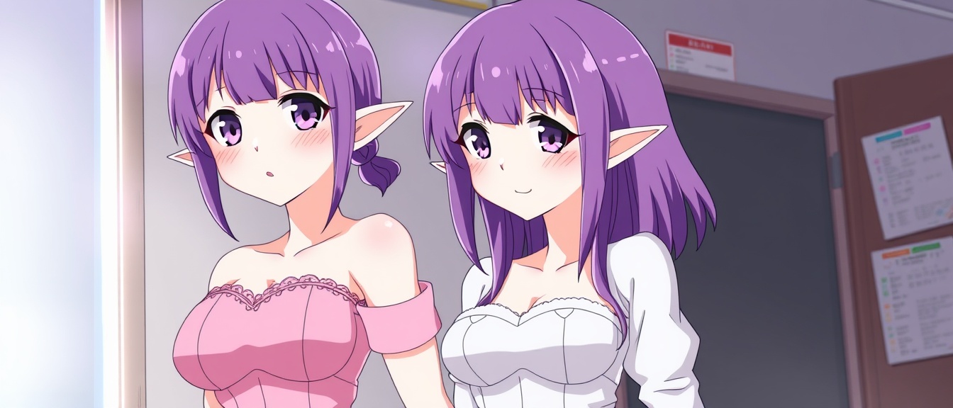 AI generated image by FLUX.1-schnell: fundoshi, elf ears, purple hair, round face, oval face, plump, curvy, gyaru, slender, white_skin, fair_skin, teacher, 2girls, 1girl, bouncing breasts, cleavage, areola, nipples, narrow_waist,