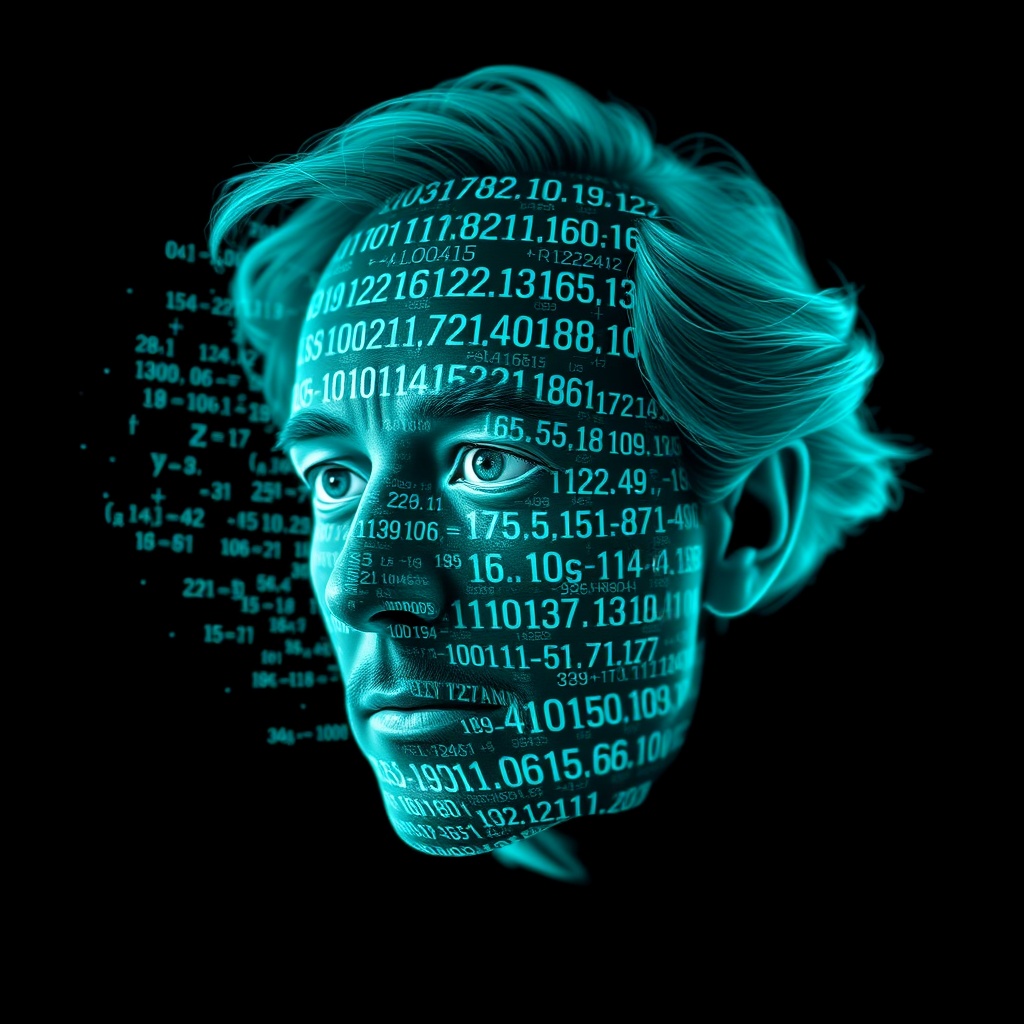 AI generated image by FLUX.1-schnell: Richard Feynman's face as a digital mask made from thousands of turquoise numbers and formulas forming his face. the formulas and numbers fly behind the mask leaving a trail of complexity. the mask is floating dynamically in mid air. his head is turned to the right but his eyes are looking directly into the camera. the mask is on a black background.  like a png with black only background. photo realistic, sci-fy