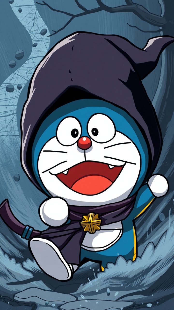 AI generated image by FLUX.1-schnell: Doraemon being monster dark ninja