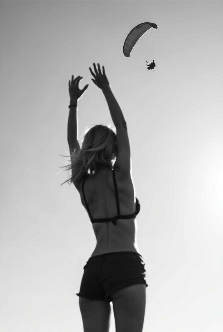 AI generated image by FLUX-Realism-Lora: Black and white photo of young topless bare back woman in short skirt from behind swinging her bra in her Stretched up hand above. a paraglider flying above her. Sky background. Backlight