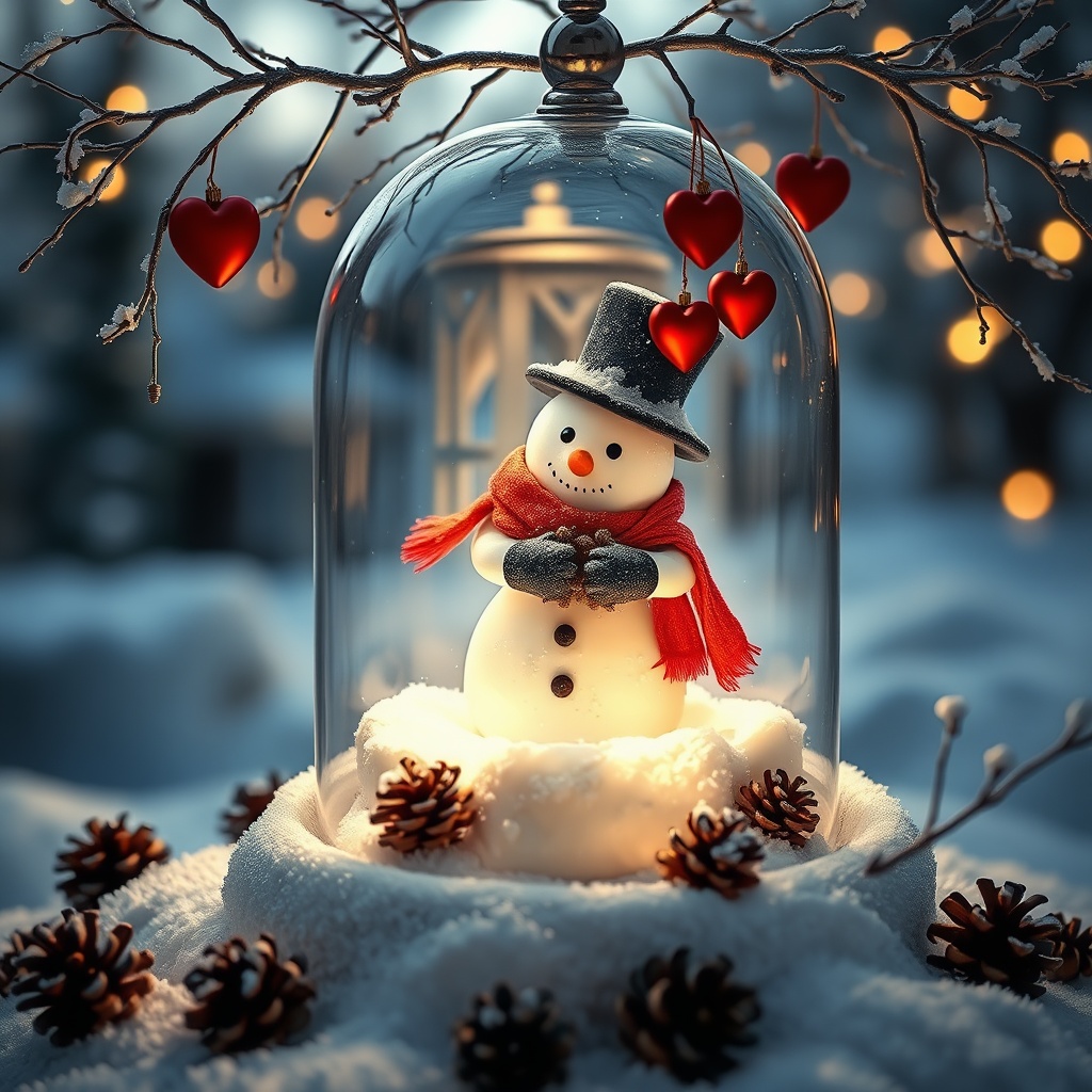 AI generated image by FLUX.1-schnell: A captivating and enchanting scene showcasing a charming snowman, encased in a delicate, silver-branched dome amidst a pristine winter landscape. The snowman, adorned with a cozy red scarf and a black top hat, tenderly holds a pinecone in its snow-covered arms. The scene is illuminated with a warm, inviting glow. Hanging from the dome are delicate red hearts, adding a touch of romantic charm. The dome rests on a layer of snow, decorated with small pinecones, creating an altogether whimsical and magical atmosphere.