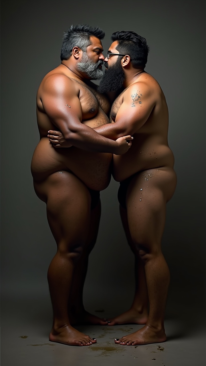 AI generated image by FLUX.1: Danny who is a big pot bellied, obese, dark skinned, hairy, grey haired, lustful, macho, matured hairy dark Tamil alpha male math teacher with thick eyebrows, full plump lips, thick beard and very big beefy and muscular chests is holding Tommy, a stocky student. Danny and Tommy are having a secret affair after class. Both Danny and Tommy are completely naked without clothes on and wet all over. Tommy is caressing Danny's masculine, hairy, big, fat, dark skinned pot round belly with a big belly button. Danny's dark skinned big hairy belly has a big round belly button that is deep. Danny also has fat beefy thighs and big feet. Danny is hugging Tommy very close with both his big strong arms and is spitting a lot of wet strands of saliva with in Tommy's wide open mouth who is sticking his tongue out for Danny. The saliva runs down all over Danny's beard, his big hairy belly, thick thighs and his thick feet. Danny has a thick, erect penis with  low hanging scrotum which is drenched in saliva.