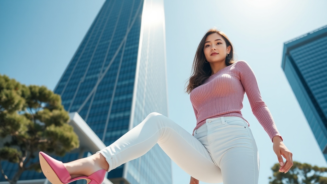 AI generated image by FLUX.1-schnell: photorealistic image of a tall, beautiful woman with brown eyes and brown hair, wearing pink high heels, white skinny jeans, and a fitted baby pink knit top, posing in front of Korea's Lotte Tower, low-angle shot emphasizing her height and proportions, sunny day, bright and clear lighting, Sony Alpha a7 III, 8k --ar 16:9
