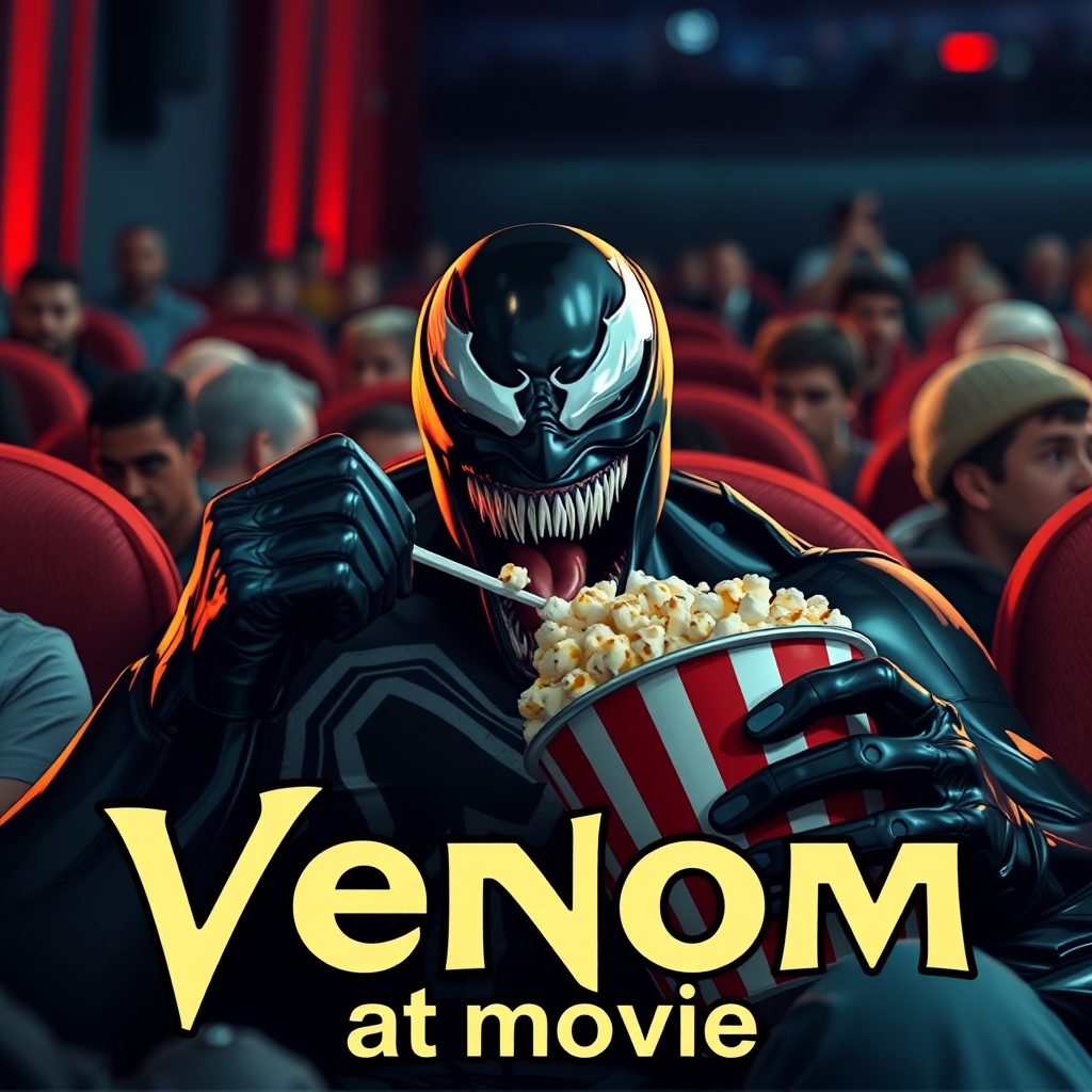 AI generated image by FLUX.1-schnell: Venom eating pop corn at cinema, with text "Venom at movie" 