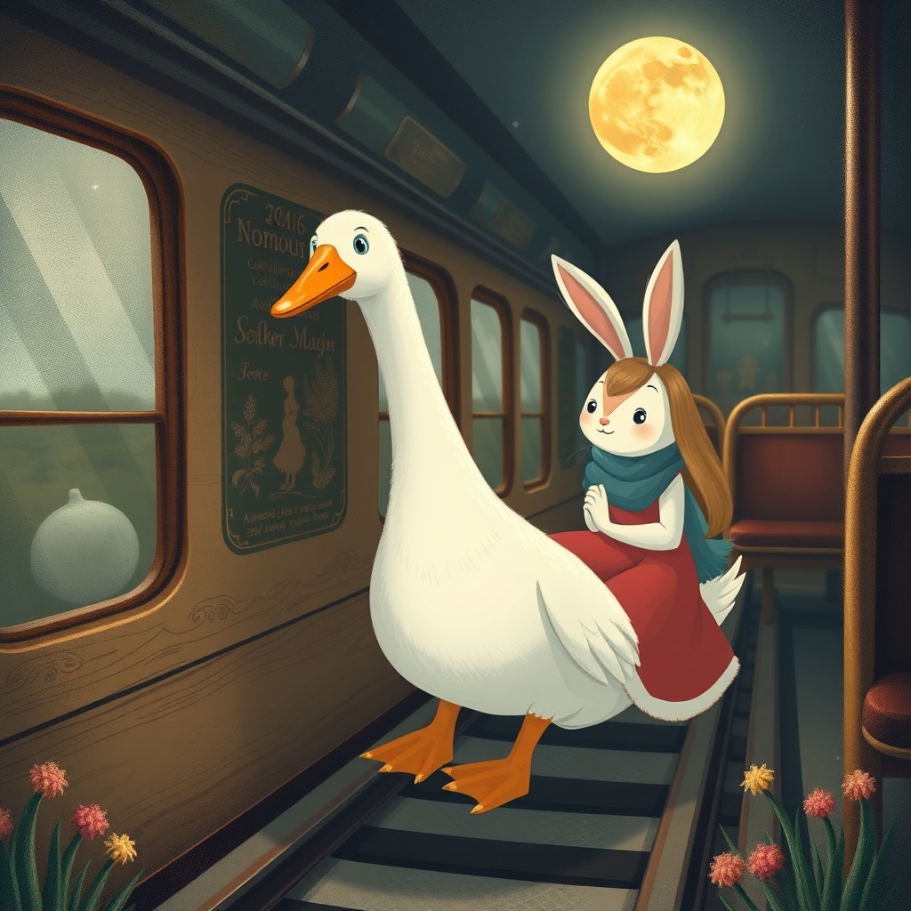 AI generated image by FLUX.1-schnell: Goose in goose and rabbit-girl in the train, moon, cartoons, romantic atmosphere