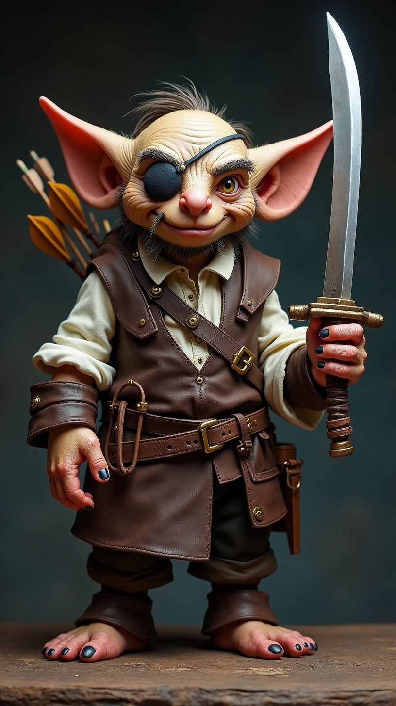 AI generated image by FLUX.1-image-to-image: a fantastic character who looks like a goblin, with detailed hands and fingers, cute and funny in a pirate costume with a white shirt, brown vest and a large belt with a buckle, holding a sword and with a quiver of arrows on his back, with an eye patch like a pirate, with a narrow two-tone beard in the shape of a wedge and thick eyebrows. High detail