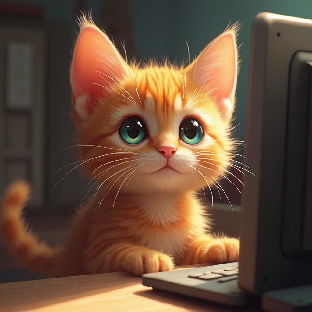 AI generated image by FLUX-Realism-Lora: un gato de color naranja usando la computadora