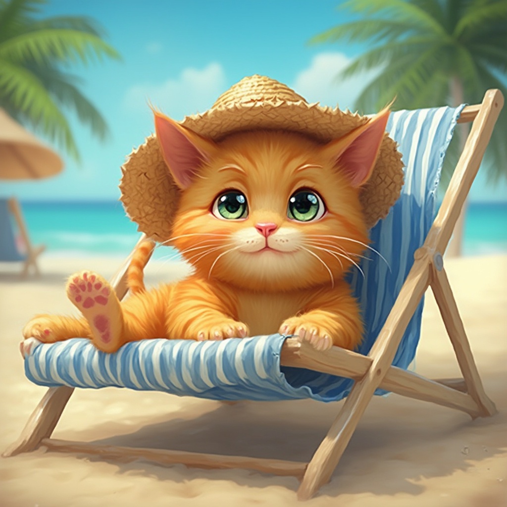 AI generated image by FLUX-Realism-Lora: reate a photorealistic picture of an orange cat. It has a straw hat on its head and is lying on a blue and white deckchair on the beach. You can see palm trees in the background.