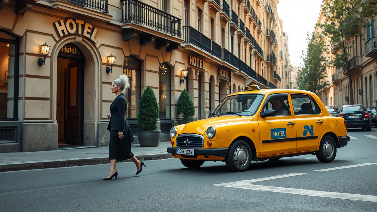 AI generated image by FLUX.1-schnell: crear imagen de una calle con un taxi de Barcelona aparcado frente a un hotel del que baja una señora elegante de unos cuarenta años y se queda frente al hotel mirándole de espaldas a la calle