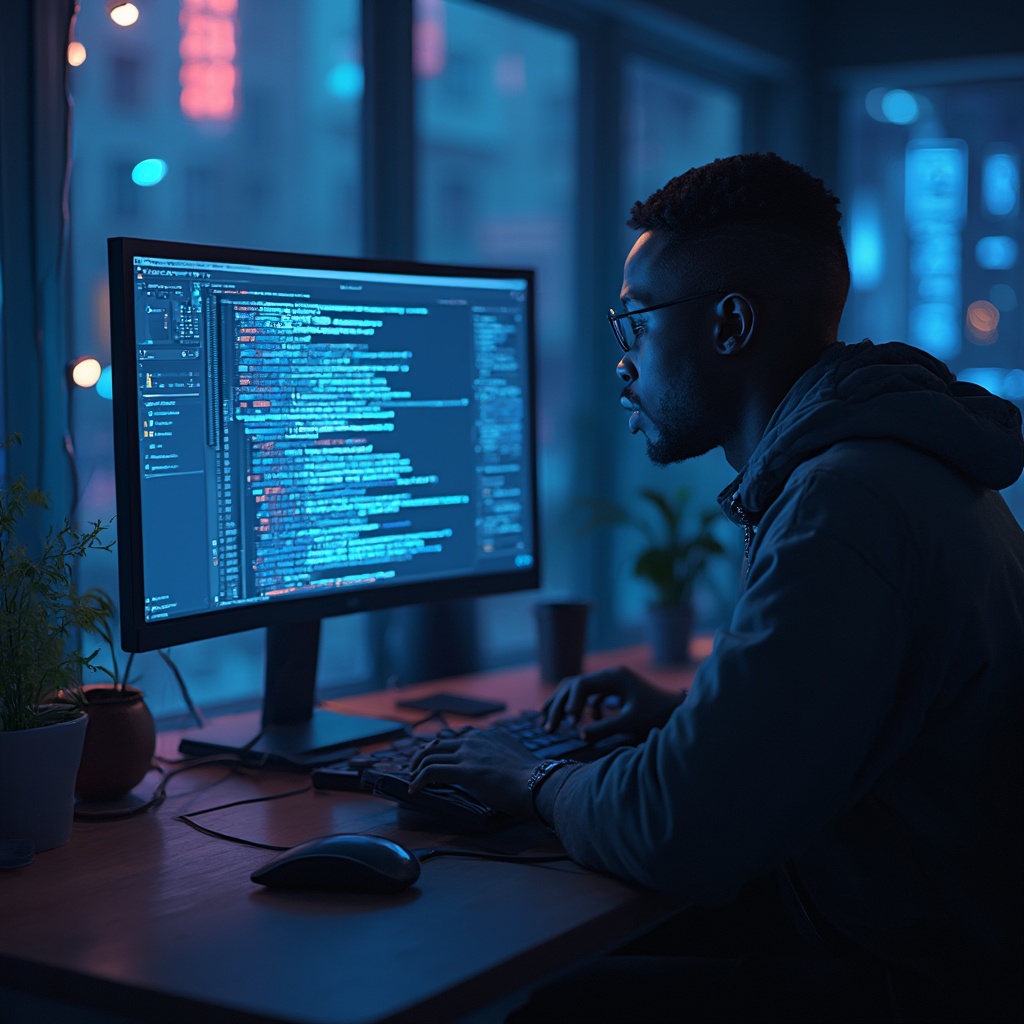 AI generated image by FLUX-Realism-Lora: {
  "scene_type": "Fotografía realista tomada con cámara profesional",
  "main_subject": {
    "person": {
      "edad": "joven",
      "raza": "africana",
      "genero": "masculino",
      "ropa": "moderna",
      "cabello": "pelado bajito",
      "posición": "sentado frente a una computadora"
    }
  },
  "detalles": {
    "computadora": {
      "pantalla": "líneas de código visibles"
      "marca":"Asus"
    },
    "alrededor_del_sujeto": [
      "logotipos flotando de Java",
      "logotipos flotando de JavaScript",
      "logotipos flotando de PHP",
      "logotipos flotando de React"
    ],
    "escenario": {
      "fondo": "futurista",
      "elementos": ["servidores", "muchos cables de red"]
    },
    "iluminación": "viva, bien balanceada, resalta detalles"
  }
}
