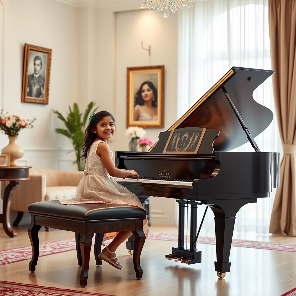 AI generated image by FLUX.1-schnell: The scene is in an affluent Metropolitan city home drawing room in India with a happy young girl with Indian features playing the 8 Octave Grand Piano sitting upright on a Piano bench.