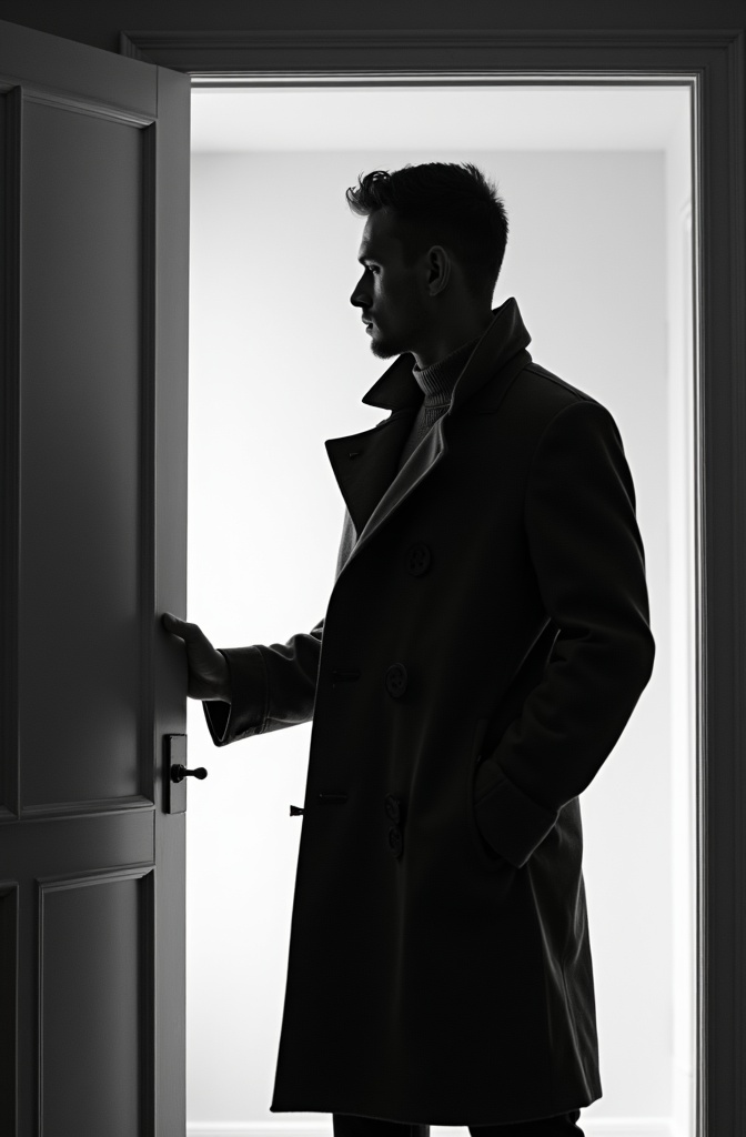 AI generated image by FLUX.1-image-to-image: black-and-white photo with the broad-shouldered silhouette of a man in a trench coat standing in a doorway coming in. 
The man holding the door handle, as if he just entered the room.

