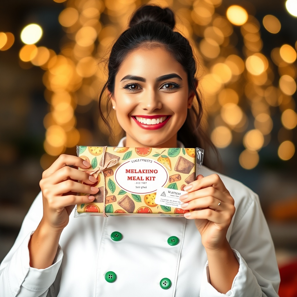 AI generated image by FLUX.1-schnell: 
Create an image of a close-up photograph featuring a young confident Mexican female chef, radiating smile, proudly showcasing a colorful meal kit . She is dressed in a white chef's coat adorned with green buttons. The chef has a friendly and welcoming expression, showcasing her pride in the gift. The background is filled with fantastic bokeh lights, adding a touch of magic to the scene.
