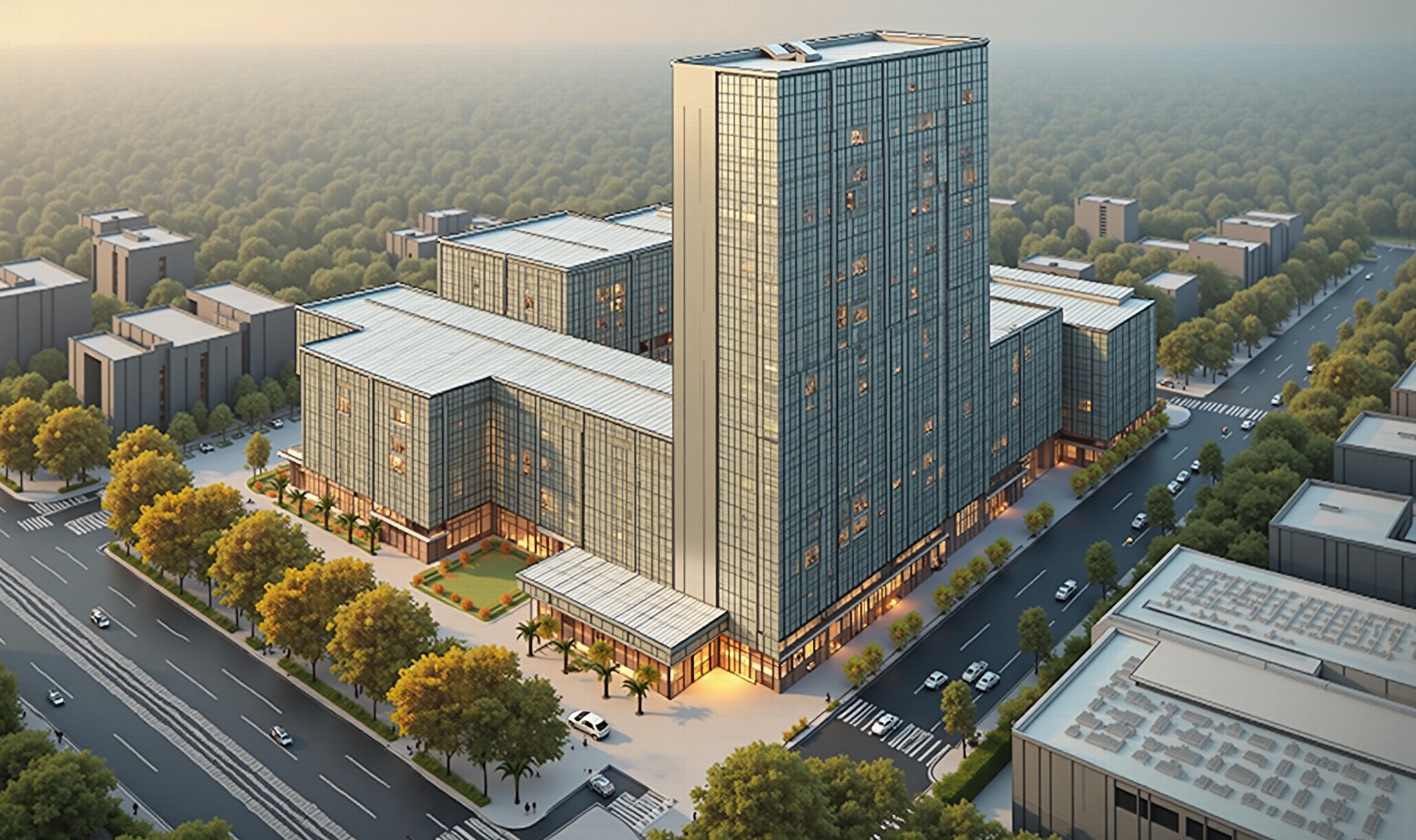 AI generated image by FLUX.1-image-to-image: Strictly follow the perspective of the reference sketch，Keep exact geometry，Do not change the camera angle，Aerial view of modern office building complex in autumn, central glass curtain wall skyscraper, warm sunset glow, interior lights on, rooftop solar panels, colorful autumn trees, urban road with cars, plaza landscape, photorealistic architectural rendering, 8K, cinematic lighting, warm tone