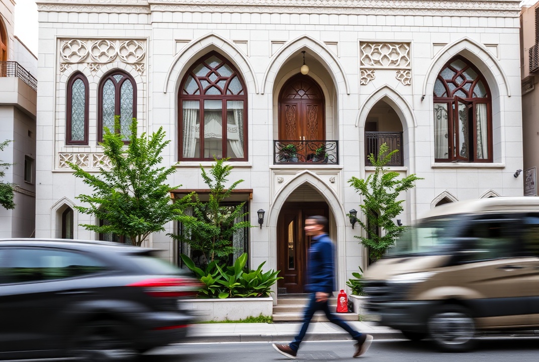 AI generated image by FLUX.1-schnell: A modern Islamic-style house in Cairo features intricate geometric patterns and arched windows. The facade combines white stone and wood, with lush greenery surrounding the entrance. A blurred figure of a man walks on the sidewalk, with cars in motion on the street, creating a dynamic city atmosphere.