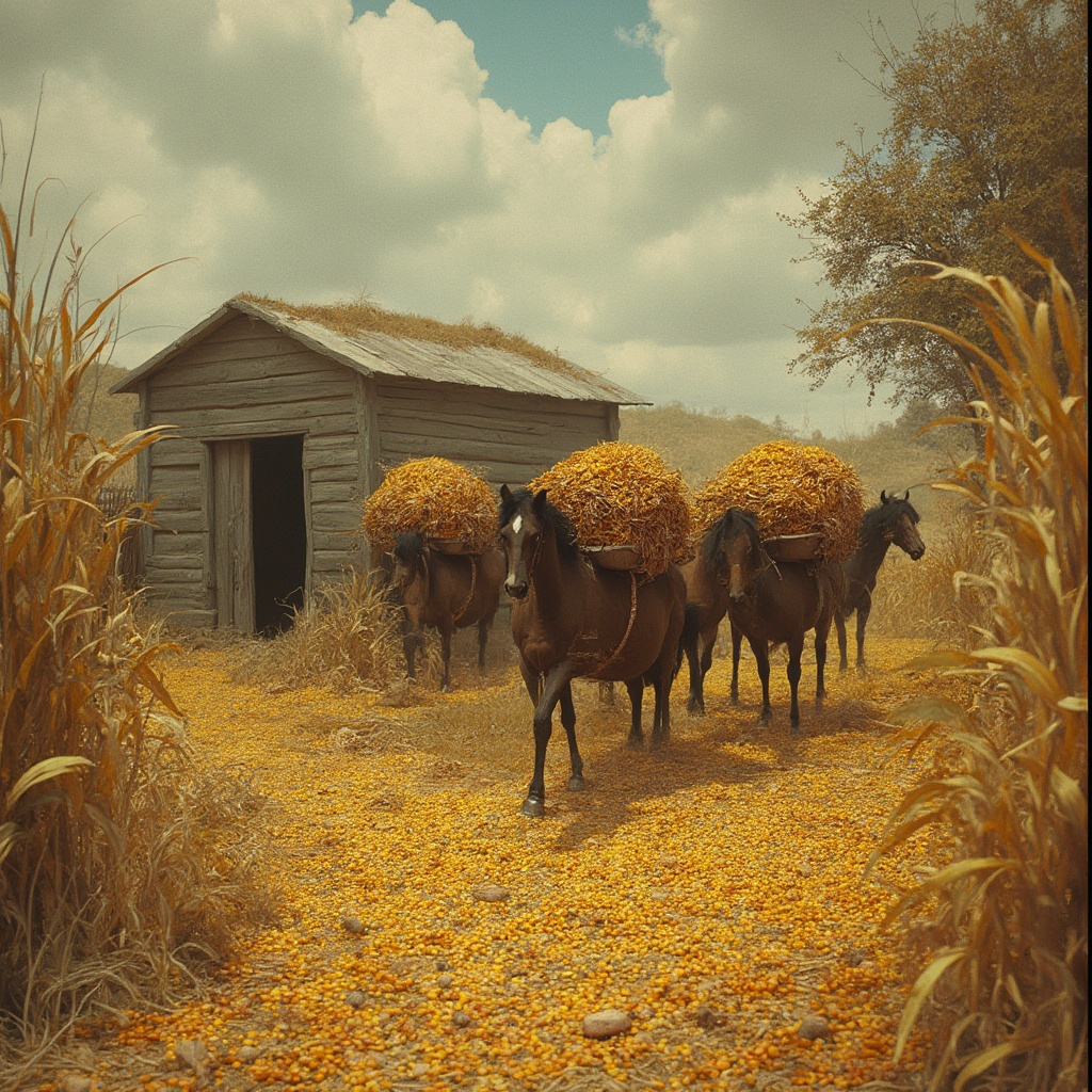 AI generated image by FLUX-Realism-Lora: genera una foto donde aparezca un almacen un poco percudido donde se almacenaba maiz y frutos secos , ocupo que la imagen sea estilo vintage con una poca calidad ya que requiere una interpretacion de los años 80s . ocupo que la imagen sea lo mas realista posible, tambien agrega caballos con carga de maiz en cual llevan hacia el mismo almacen.