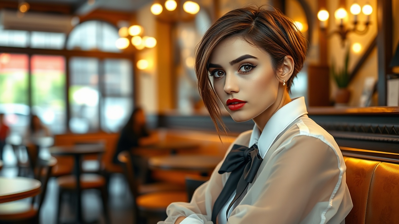 AI generated image by FLUX.1-schnell: ((best quality)),((masterpiece)),((realistic)), photo of a young, nerdy Arabian woman 26y.o sitting in a café, wearing a white shirt and a bow, surrounded by a cozy atmosphere, looking at the viewer.
short hair, slender, red lips, transparent fabric, flirting with the camera