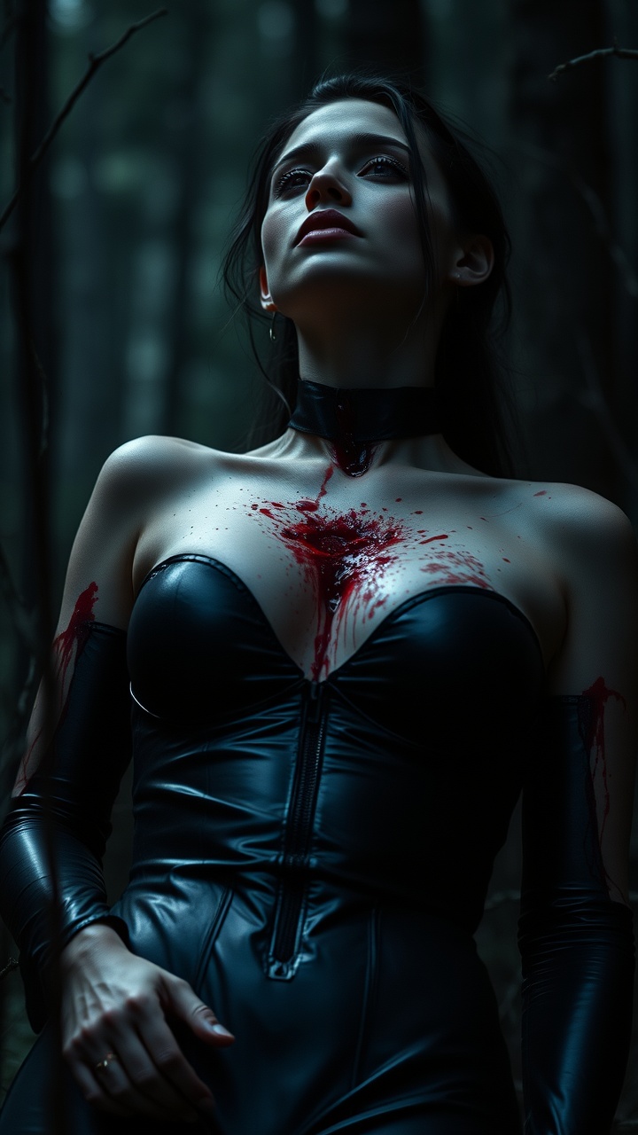 AI generated image by FLUX.1-schnell: She the most beautiful vampire girl and she is shot to dead by many enemies. Lot of details, high quality, 15k, View from far away on the vampire girl dying, Real wounds. Ultra realistic photo, Middle European girl, Perfect face, lips, mouth and whole sexy body. She is knelling wounded in the dark forest. Black tight latex suit unzipped, 21 years old, Cute face in shock of being wounded, Heart shot, hourglass body, Most beautiful female, great and perfect sexy body, Perfect face, big full lips, long legs, dark hair, nice blue eyes. She is shot in her chest by the sniper right in her heart, kill shot. Bloody wounds on her chest. Blood everywhere. Bloody bleeding wounds. Dark bloody bullet holes on her chest. She is shot 5 times in her chest. Many bloody bullet wounds on her chest. Small boobs