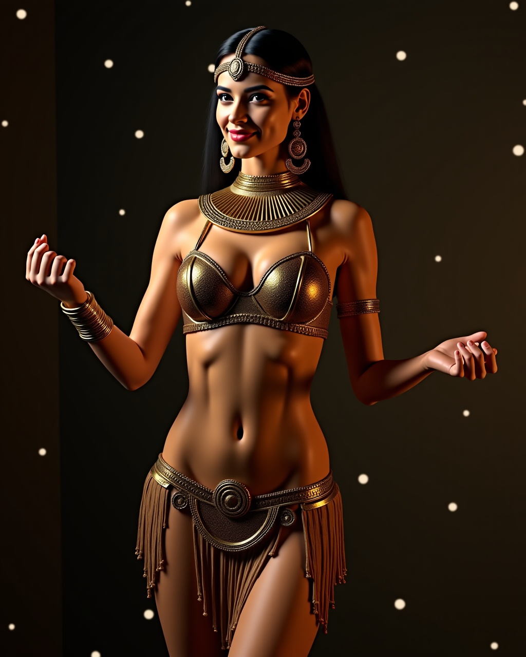 AI generated image by FLUX.1:  A very beautiful ancient egyptian belly dancer, dancing for the king, in the egyptian night, hdr, highly detailed against dark background, hyperrealistic, masterpiece, slim curvy body, realistic, seductive smile, bokeh, sexy pose, stunningly beautiful