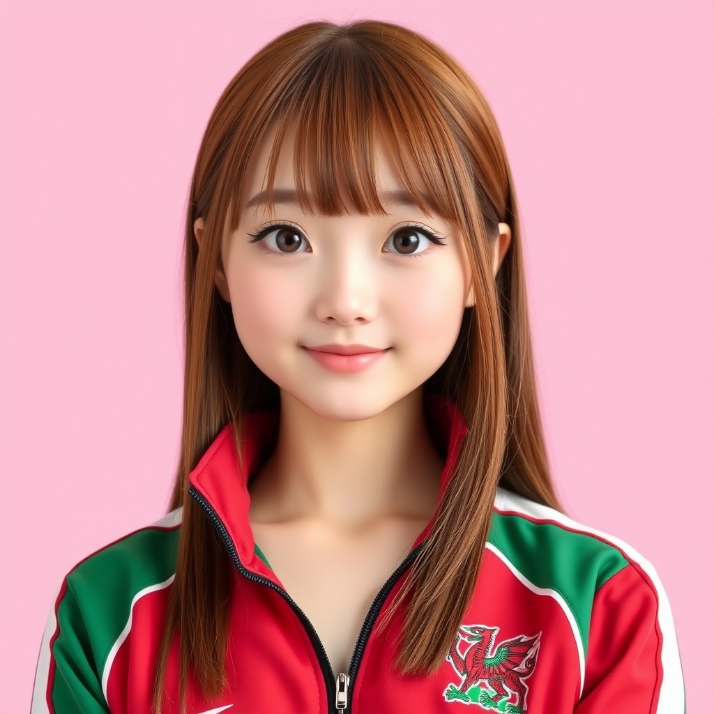 AI generated image by FLUX.1-schnell: A frontal portrait of a cute Japanese idol girl with straight, long auburn hair styled with a simple middle part. Her large, warm hazel eyes radiate friendliness, and her lips are glossed in a pale pink. She is wearing a stylish training jacket inspired by the Welsh national team, featuring a striking red and green color scheme. The jacket has a plunging neckline, adding a trendy edge. The background is a soft, light pink, enhancing her sweet and charming look.