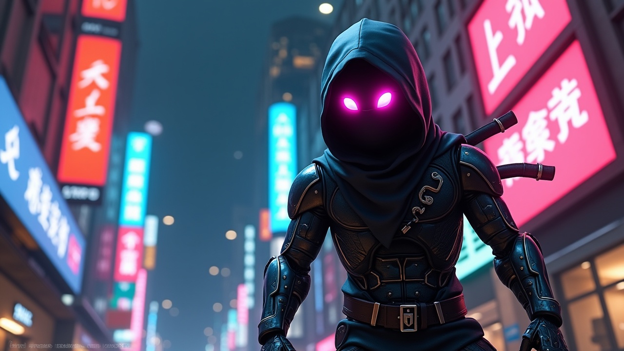 AI generated image by FLUX.1: cyborg ninja minion  with glowing multicolored eyes (each with a different bright, neon hue) and metallic limbs in a dark, gritty, cyberpunk cityscape with vibrant, neon-lit skyscrapers and billboards in an anime semi realism style