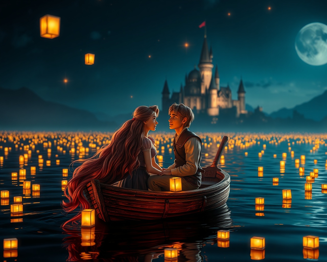AI generated image by FLUX.1-schnell: Escena cinematográfica hiperrealista de Rapunzel y Flynn Rider sentados juntos en una pequeña barca de madera sobre un lago tranquilo durante la noche. Están rodeados de cientos de linternas flotantes brillando con luz cálida dorada, reflejándose en el agua. Al fondo se ve un gran castillo de cuento iluminado suavemente. La atmósfera es mágica y romántica, inspirada en un festival de linternas tailandés (tipo Yi Peng). Rapunzel tiene el pelo muy largo, rubio y con textura natural, y Flynn Rider tiene un aspecto atractivo y ligeramente aventurero. Iluminación natural, ultra realista, profundidad de campo, calidad 4K, reflejos suaves en el agua, alto nivel de detalle.