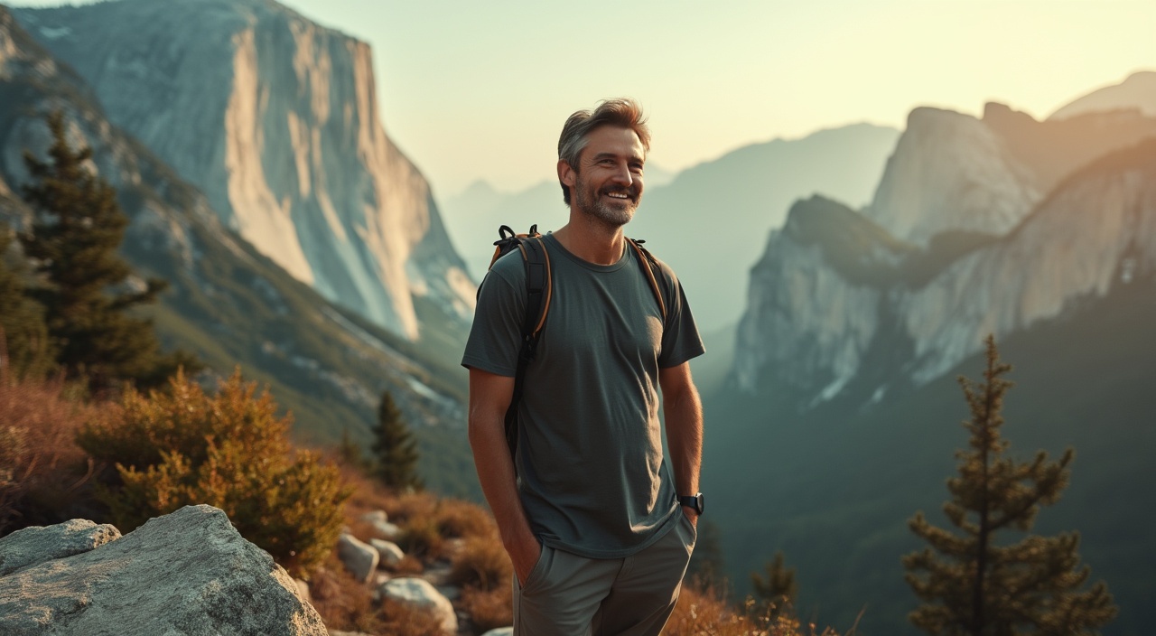 AI generated image by FLUX.1-pro: Wide-angle shot of a 45-year-old man with a slight smile and an athletic build. He is standing on a rock at the top of a mountain he has just climbed, looking out to the horizon, where other mountains covered in fog appear. Trees and native vegetation are still visible in the scene. The natural light of the late afternoon sun illuminates his face. The image was captured with a classic vintage Canon AE-1 camera and an 18mm lens, showing more of the landscape and its tranquil atmosphere, conveying a sense of accomplishment. The composition highlights the man, but also opens up the space, giving a cinematic feel with a vintage tone bathed in warm natural light, while the entire image is in warm gray tones.